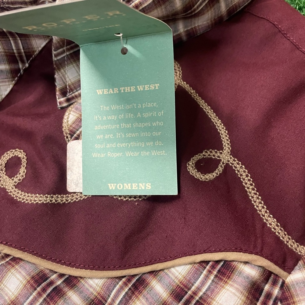 ROPERS WESTERN COWGIRL SNAP WINE CREAM TAN SMALL SCALE PLAID SIZE L-XL - Picture 8 of 11